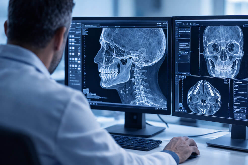 Доктор гледа монитор, на който има рентгенова снимка на глава