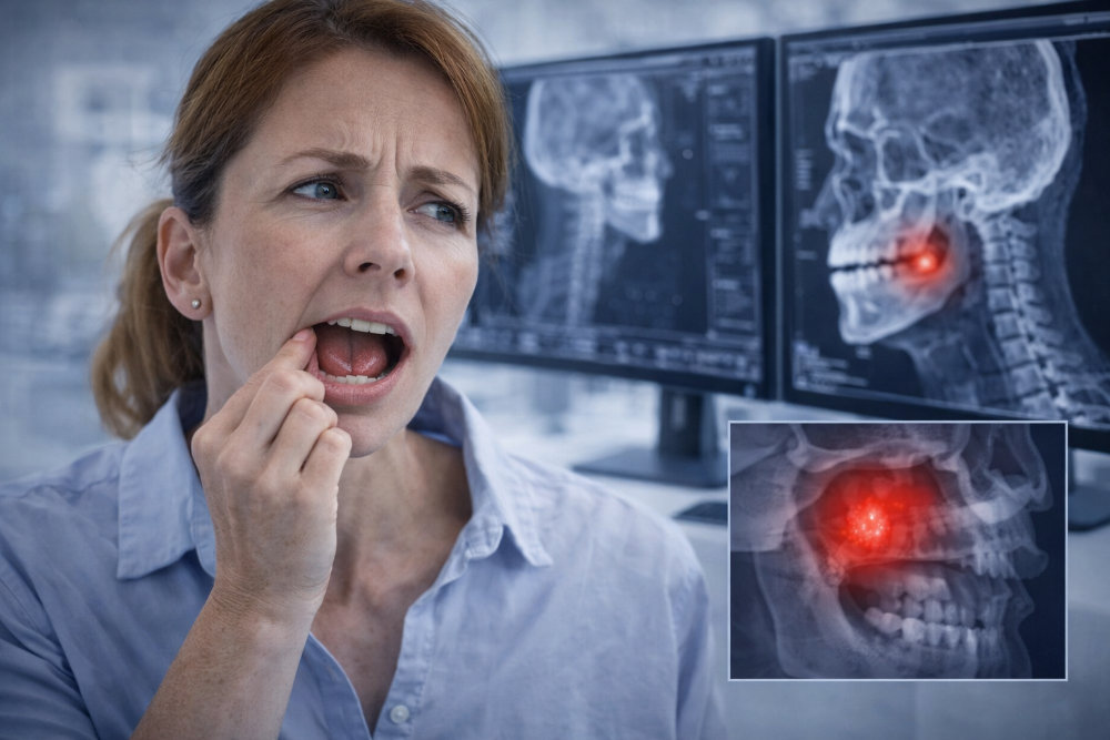 Жена проверява вътрешността на устата си с притеснение, илюстриращо ранни признаци на проблеми в устната кухина