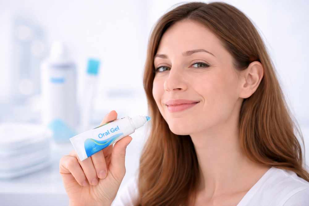 жена използва орален гел за възстановяване след операция на мъдрец